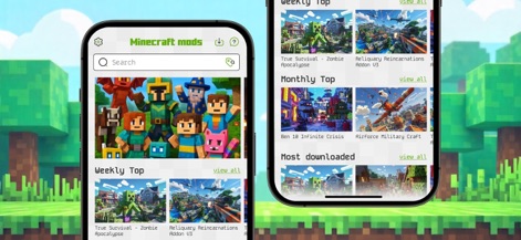 Mods for Minecraft PE ㅤ - La interfaz intuitiva de la aplicación permite a los usuarios navegar fácilmente, con categorías destacadas como 'Weekly Top' y 'Monthly Top', además de una barra de búsqueda eficiente para encontrar mods.