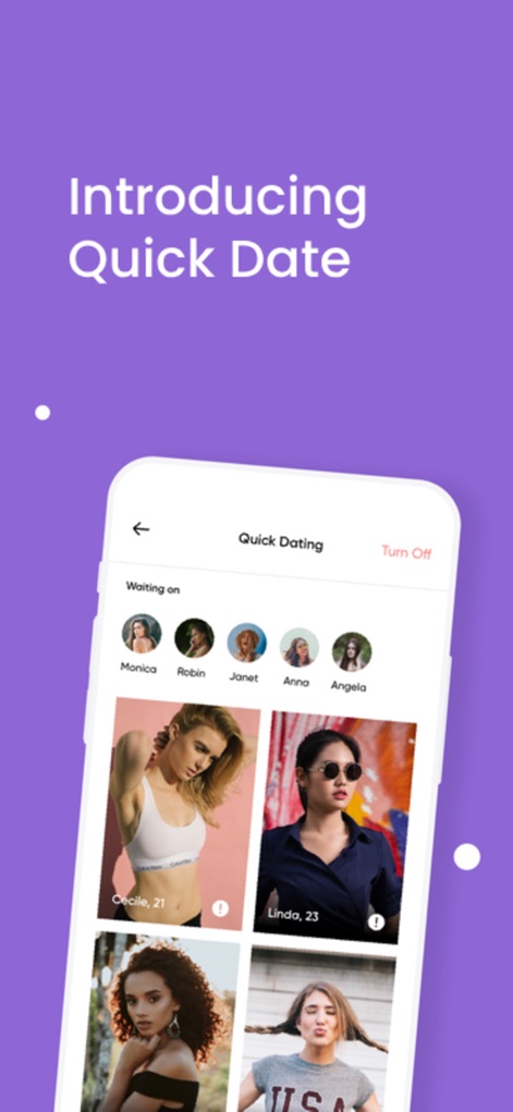 SUGAR - Dating with Sweetness - Users can activate the 'Quick Date' feature, observing both a 'Waiting on' queue for pending connections and a grid displaying new potential matches.