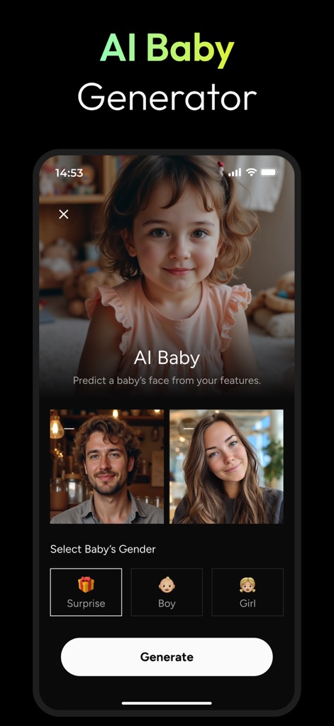 AI Photo Generator - Fotorama - Users can generate AI baby predictions by inputting two parent photos and selecting a preferred gender option.