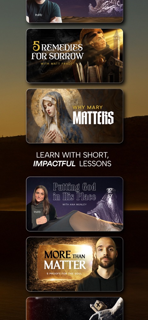 Truthly: Catholic AI - 이 앱은 '짧고 영향력 있는 레슨으로 배우세요'라는 헤더 아래, '마리아가 왜 중요한가'와 같은 시각적으로 매력적인 주제 카드를 통해 사용자가 가톨릭 교리를 쉽게 이해하도록 돕습니다.
