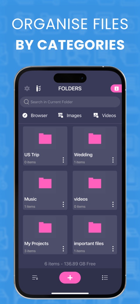 File Manager & Documents - The app presents a user-friendly folder system, allowing users to categorize content into custom folders and sort files by various types like browser content, images, and videos.