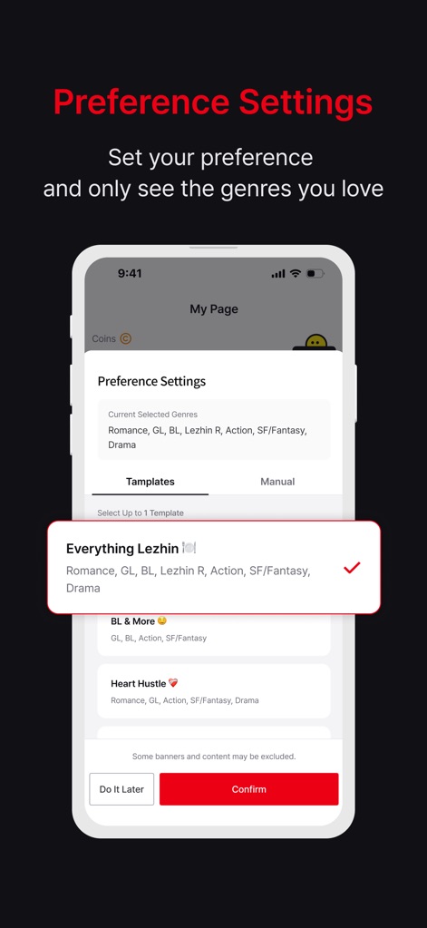 Lezhin Comics-Premium Webtoons - Die Einstellungsmöglichkeiten der App erlauben es Nutzern, ihre bevorzugten Genres wie "BL & More" auszuwählen und präsentieren eine klare Struktur für die Auswahl an Vorlagen.