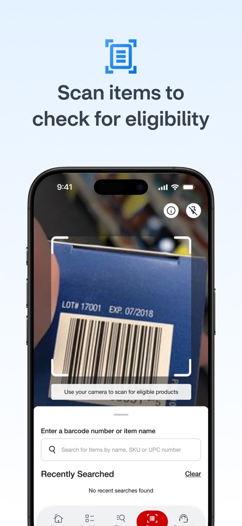 OTC Health Solutions - The app features a live camera view for scanning product barcodes to check eligibility, complemented by a robust search bar for entering item names or SKUs.