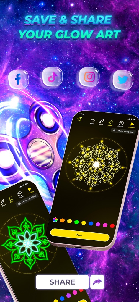 Finger Spinner Glow Art - 이 앱은 완성된 빛나는 아트워크를 저장하고, 인기 있는 소셜 미디어 플랫폼을 통해 친구들과 쉽게 공유할 수 있는 기능을 제공하여 창작의 즐거움을 확장합니다.