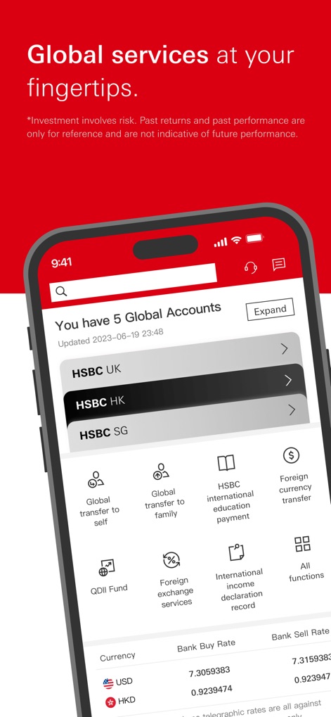 HSBC China - Users can seamlessly view balances across various "Global Accounts" and initiate foreign currency transfers, simplifying international financial management.