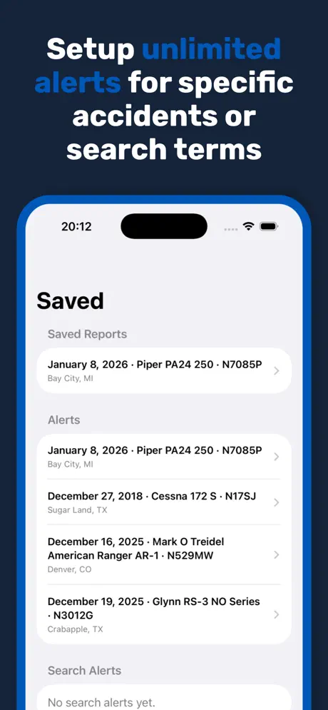 App Store screenshot showing saved reports and alerts in the Saved tab.