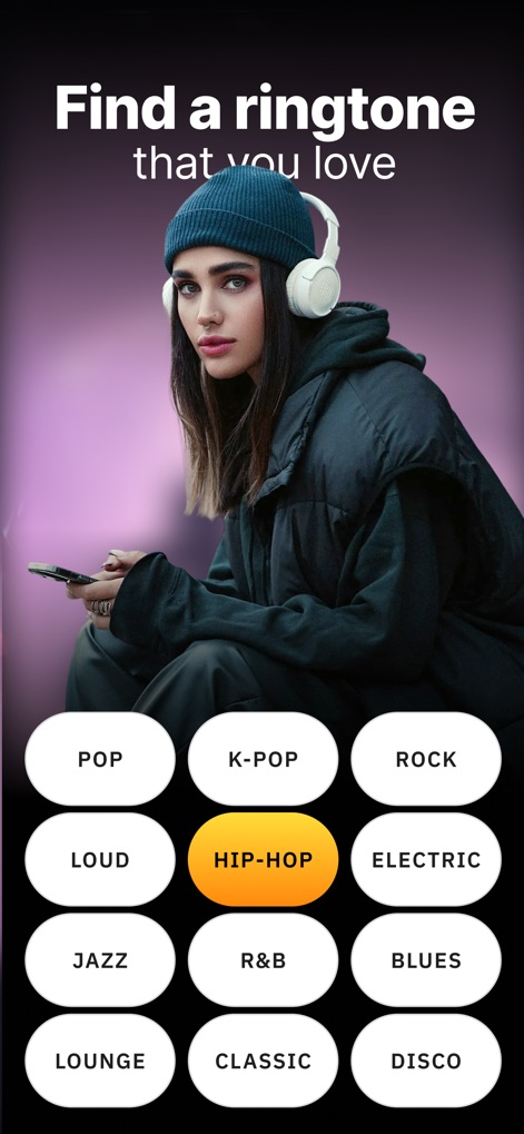VibeCall - Ringtone Maker - Users can effortlessly navigate a visually appealing grid of music genre buttons, like the highlighted "HIP-HOP" section, to quickly pinpoint ringtones aligning with their personal vibe.