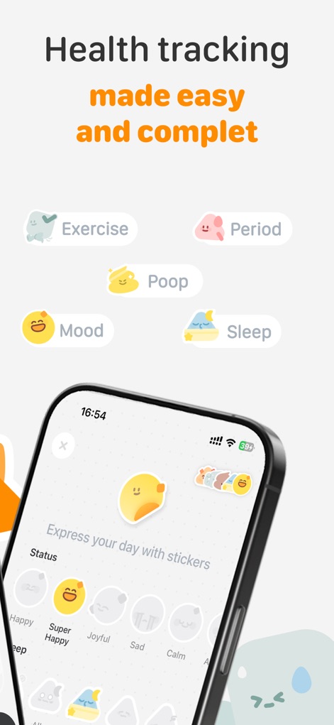 GoLite – Weight Loss Tracker - Discover how the app enables holistic health monitoring using one-tap status stickers for mood and a dedicated screen for all daily activities.
