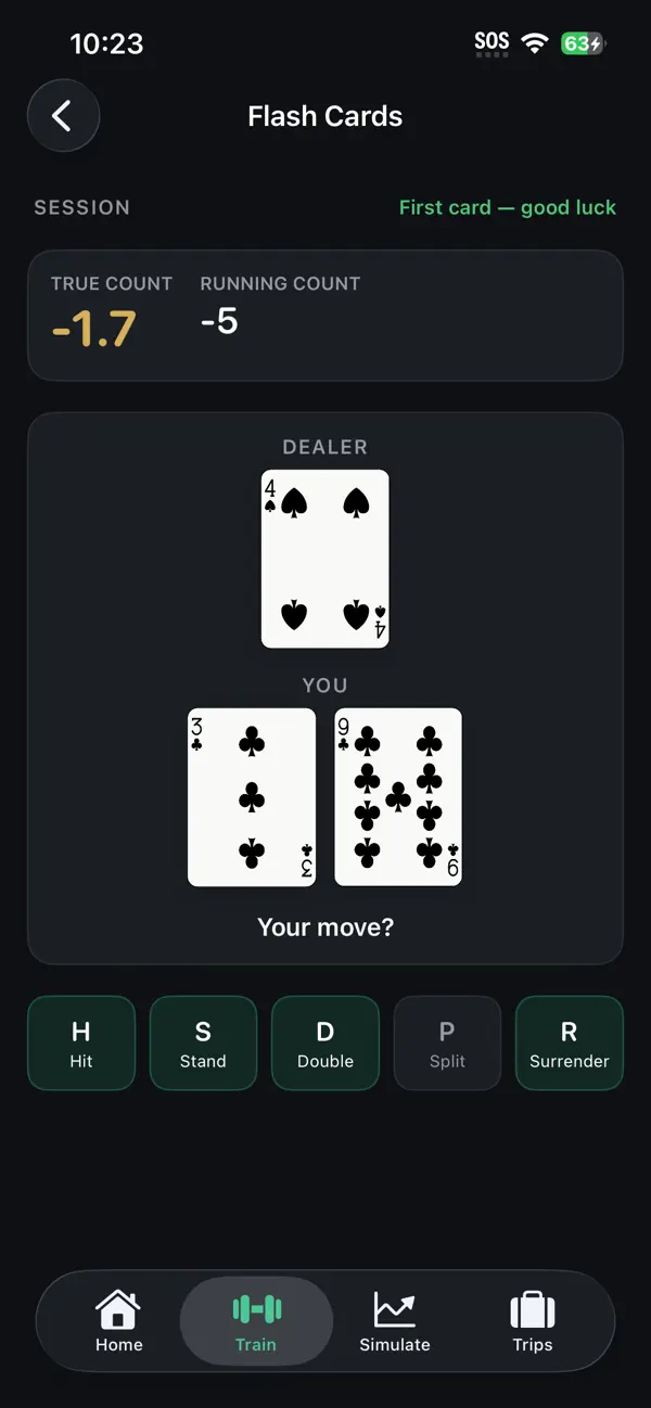 Flash cards drill showing true count, running count and a player decision