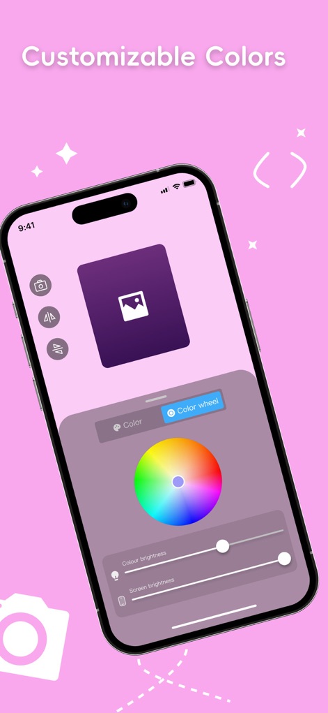 GlowCamera Selfie Light Camera - The app empowers users to fine-tune their lighting with a 360-degree color wheel and intuitive brightness sliders for custom effects.