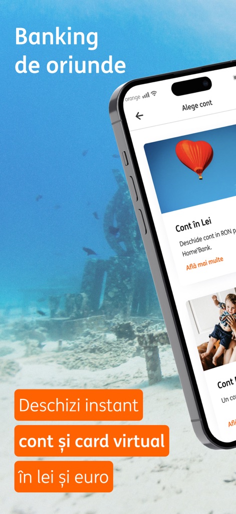 ING HomeBank - L'application permet aux utilisateurs d'ouvrir un compte courant en Lei et des cartes virtuelles instantanément, offrant une gestion rapide des devises en Lei et Euro.