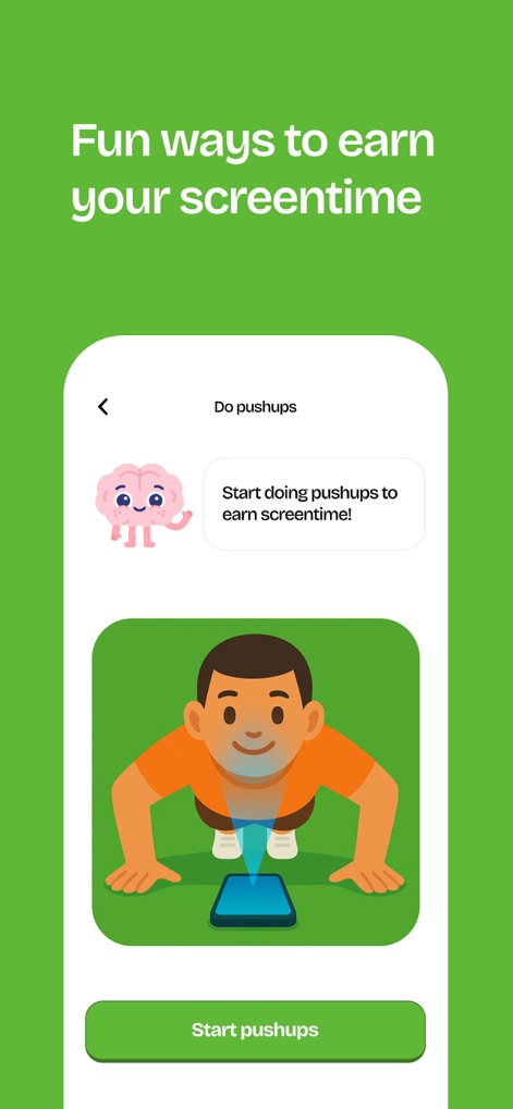 Unrot: Earn your Screen Time - The app demonstrates engaging 'Fun ways to earn your screentime,' illustrating a 'Do pushups' challenge and the clear instruction to 'Start doing pushups to earn screentime!'.