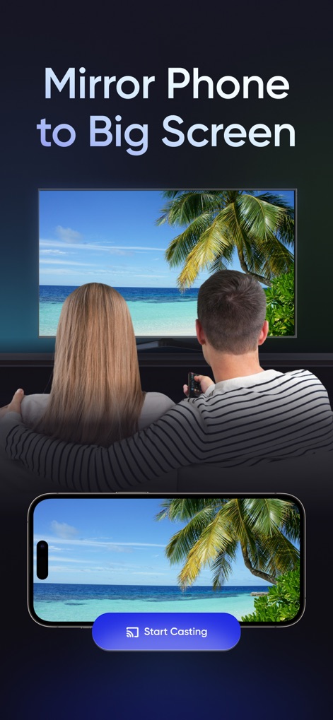 Screen Mirroring | TV Cast - Os usuários podem desfrutar de conteúdo multimídia vibrante na TV, com a cena de praia vívida espelhada do telefone e um botão claro de 'Start Casting'.