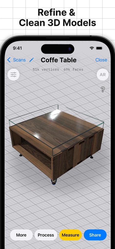 3d Scanner App™ - Esta herramienta permite a los usuarios refinar y limpiar modelos 3D, como se observa en la mesa de café renderizada con sus impresionantes 51k vértices y 69k caras, para resultados impecables.