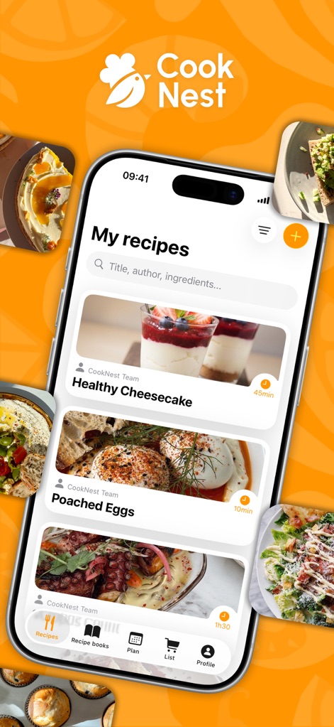 CookNest・Save Your Recipes - See how the app elegantly displays individual recipe cards with prep times and provides intuitive access to main features through its bottom navigation bar.