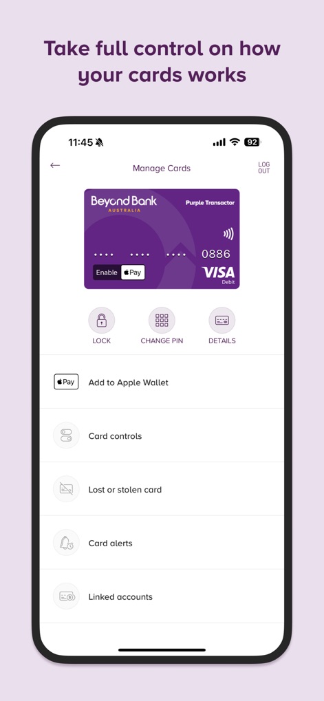 Beyond Bank - L'application permet un contrôle total sur les cartes, offrant des options pour verrouiller la carte, changer le code PIN et gérer les paramètres de sécurité avancés tels que les alertes ou la déclaration de perte.
