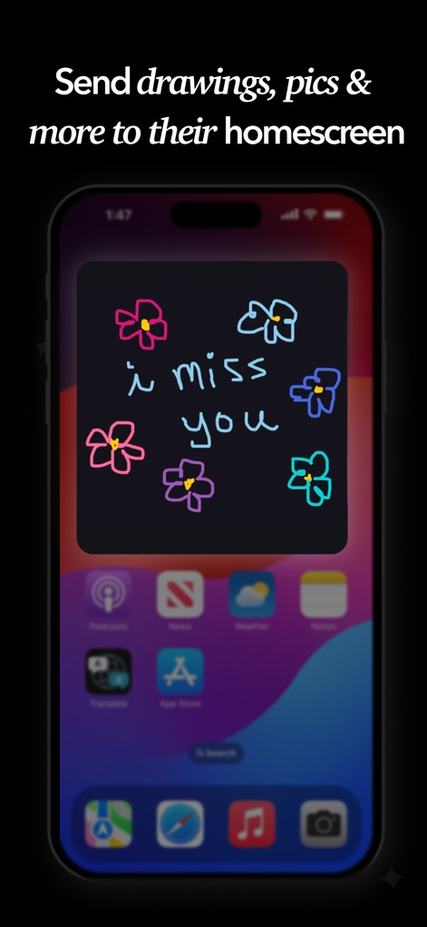 Candle: Couples & Relationship - See how users can send personalized messages directly to their partner's device, featuring 'customizable handwritten notes' and 'creative drawings' on the homescreen.