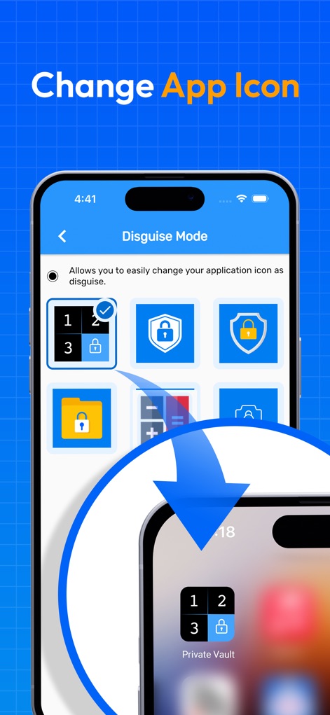 Calculator Lock - Secure Vault - This tool ensures discreet operation through 'Disguise Mode', allowing users to 'Change App Icon' from a selection of alternative symbols for enhanced stealth.