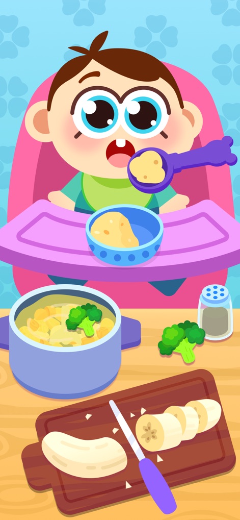 Mother Simulator - Baby Care - The app showcases caring for a baby during mealtime, featuring a high chair and a cutting board with food preparation.