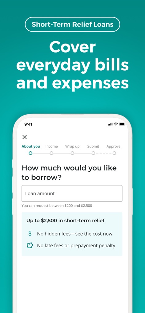 Upstart: Personal Loans + More - Nutzer können den gewünschten "Loan amount" eingeben und sehen sofort die Bandbreite von "$200 and $2,500", die für kurzfristige Entlastungsdarlehen verfügbar ist.