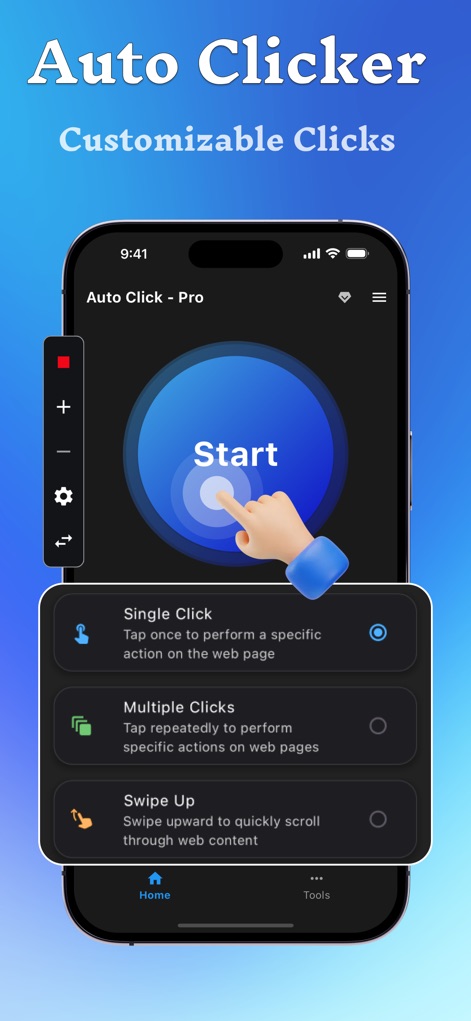 Auto Clicker,Click Assistant - The app showcases its intuitive main interface, allowing users to configure 'Single Click' and 'Multiple Clicks' automation modes.