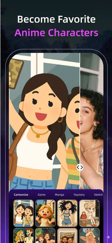 Pixnova: AI Photo&Video Maker - The app vividly demonstrates instant anime transformations with a responsive before-and-after slider and offers a rich selection of cartoon and manga styles.