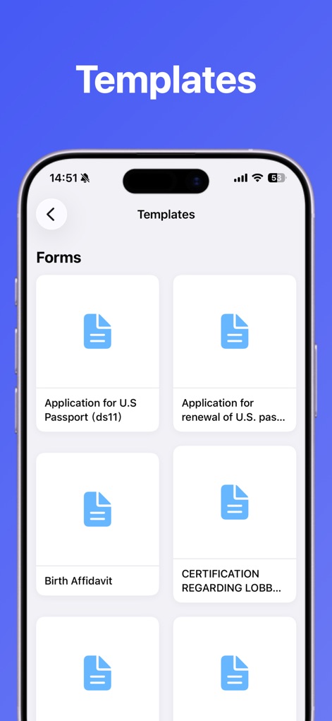 Smart Printer App : Scan - Discover the extensive template library, offering commonly used forms like passport applications and various affidavits, readily accessible for instant use.