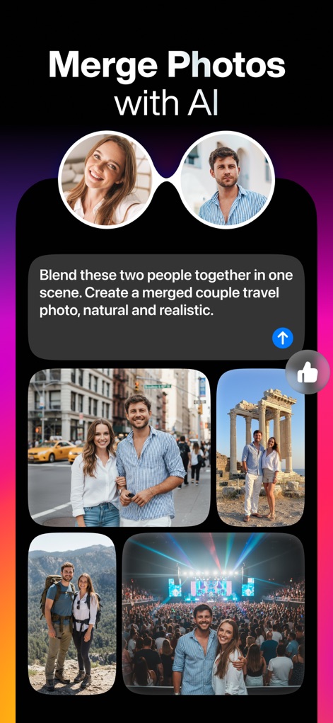 ReShoot: AI Photos & Edits - Esta herramienta permite combinar rostros de dos personas en una foto realista de pareja, ilustrado por la fusión de dos retratos individuales en escenas urbanas y naturales.