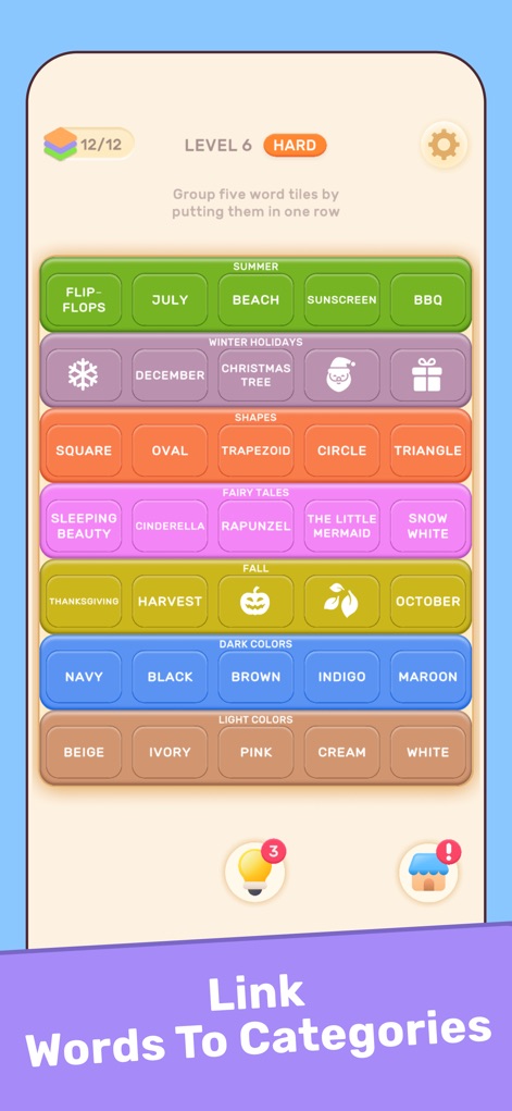 Connect Word Association Game - Esta captura de pantalla destaca la progresión del juego con el "Nivel 6 Difícil", donde las palabras están organizadas en múltiples categorías temáticas y codificadas por colores, demostrando la complejidad creciente de los rompecabezas.