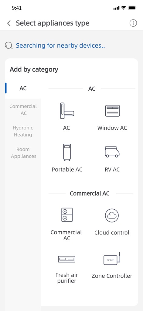 GREE+ - ユーザーは「Add by category」セクションで、AC、Commercial AC、Hydronic Heatingなどカテゴリ別に整理された家電リストから新しいデバイスを選択でき、さらに「Searching for nearby devices..」という表示でデバイス検索機能を利用して追加が可能です。