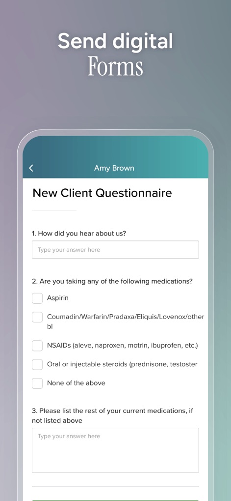 Vagaro Pro - Simplify client intake with customizable digital forms, including a 'New Client Questionnaire' featuring fields for referral sources and checkboxes for medical history like 'medications'.