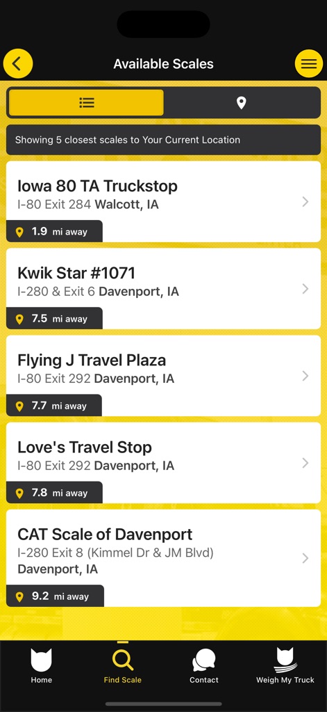 CAT Scale Locator - Questa visualizzazione presenta un elenco ordinato delle bilance, mostrando il nome completo "Iowa 80 TA Truckstop" e la distanza precisa "1.9 mi away" da ciascuna.