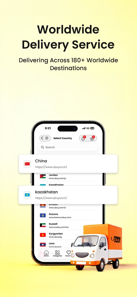 Ubuy: International Shopping - The app showcases its extensive 'Worldwide Delivery Service' with a 'Select Country' interface, demonstrating delivery capabilities to over 180 countries.