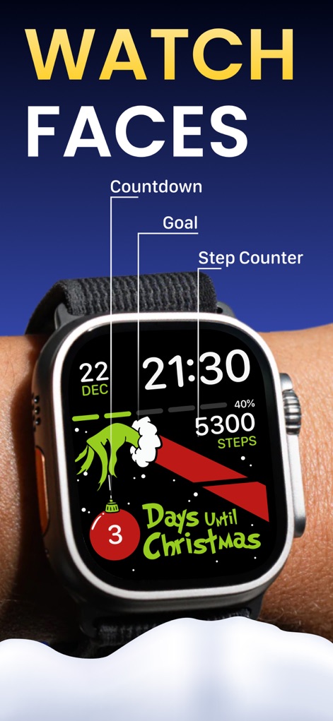 Watch Faces & Widget Gallery - Users can personalize their Apple Watch with vibrant, holiday-themed designs, showcasing both a festive countdown and essential activity data like a step counter.