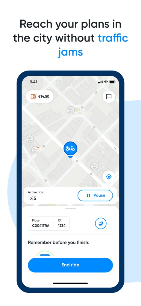 Cooltra: E-moped rentals - During an active ride, the app provides real-time tracking on the map and convenient controls like 'Pause' and 'End ride' for flexible usage.