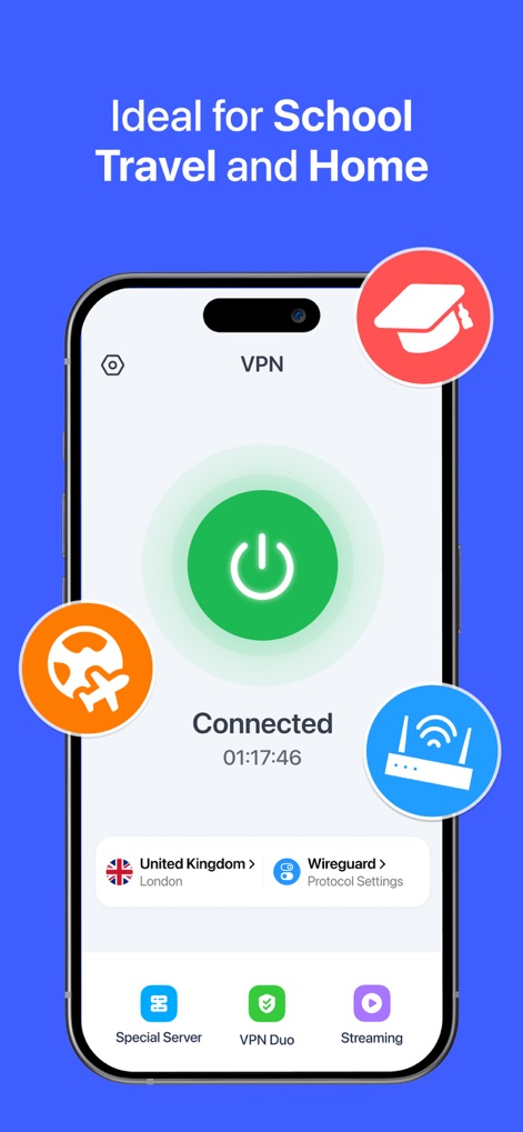 VPN for iPhone · - La aplicación ofrece protección versátil para diversos entornos, simbolizado por los iconos de una gorra de graduación para la escuela y un avión para viajes, lo que subraya su adaptabilidad.