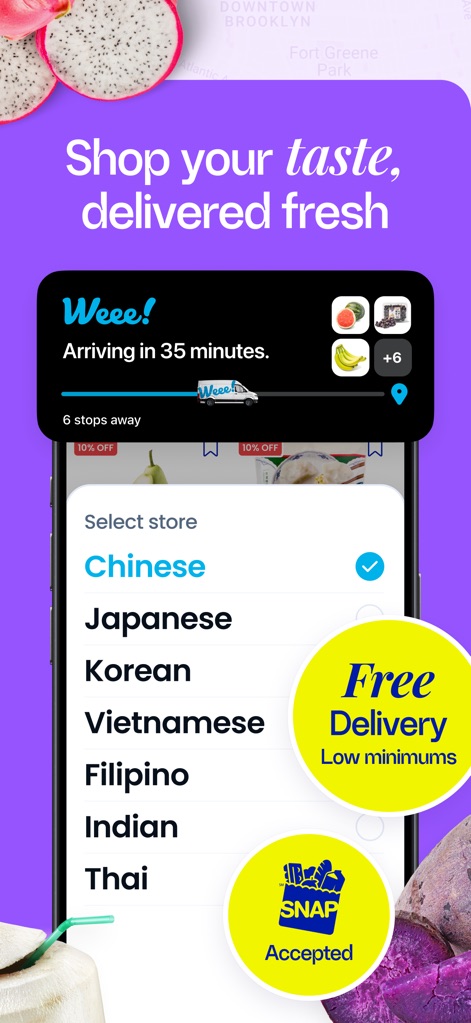 Weee! #1 Asian Grocery App - Observe the app's commitment to freshness with real-time 'Arriving in 35 minutes' updates and the convenient 'Select store' option for various ethnic cuisines, including Chinese and Japanese.
