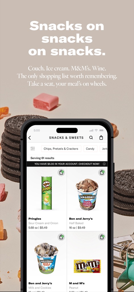 Saucey: Alcohol Delivery - Beyond beverages, users can browse an extensive "Snacks & Sweets" category and view individual product listings with prices, showcasing additional convenience.