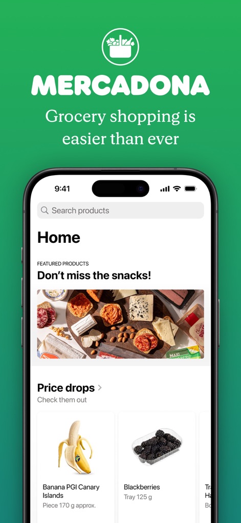 Mercadona - The app presents a clear 'Search products' bar for quick item discovery and highlights engaging 'Featured Products' and 'Price drops' sections to capture user interest.