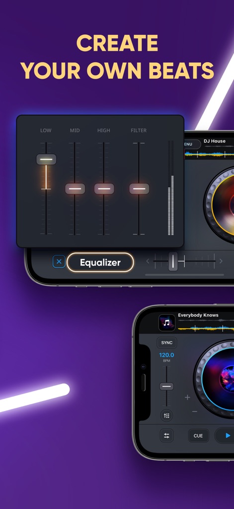 DJ it! Virtual Music Mixer app - Donnez une nouvelle dimension à vos pistes en utilisant l'égaliseur trois bandes intégré pour ajuster les fréquences (Low, Mid, High) et le filtre dédié.