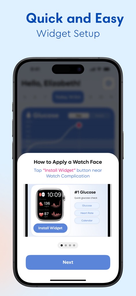 GluHealth: Blood Sugar Test AI - The app simplifies customization with a quick and easy widget setup guide, featuring clear visual instructions for applying watch face complications.