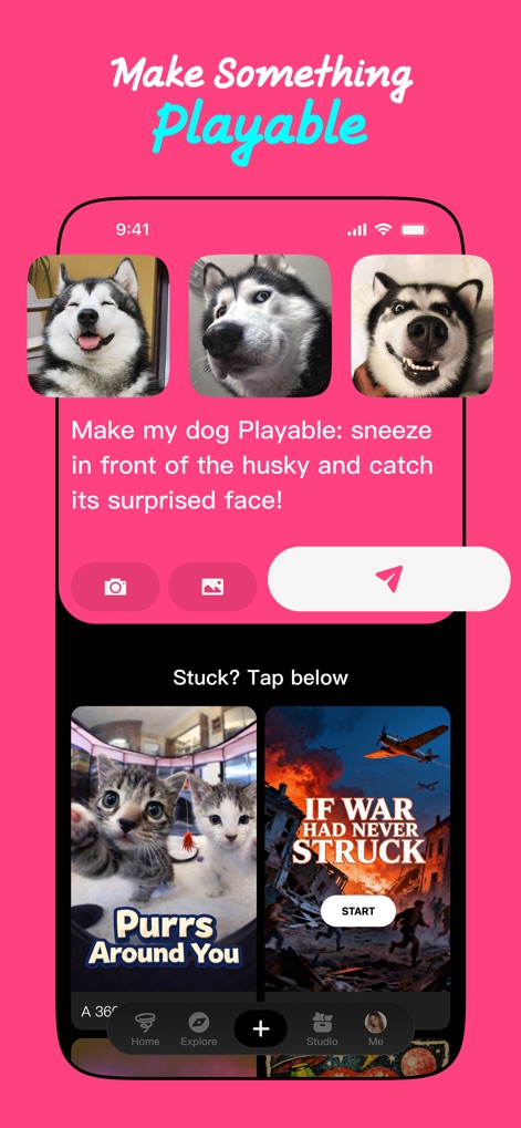 Loopit - Make playables - Discover how the app's AI engine transforms descriptive text prompts into engaging playables, showcasing diverse interactive examples like "Purrs Around You."