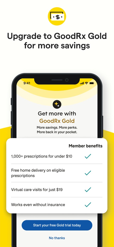 GoodRx: Prescription Savings - Users can explore premium benefits through "GoodRx Gold," which offers advantages like over "1,000+ prescriptions for under $10" and convenient "Free home delivery."