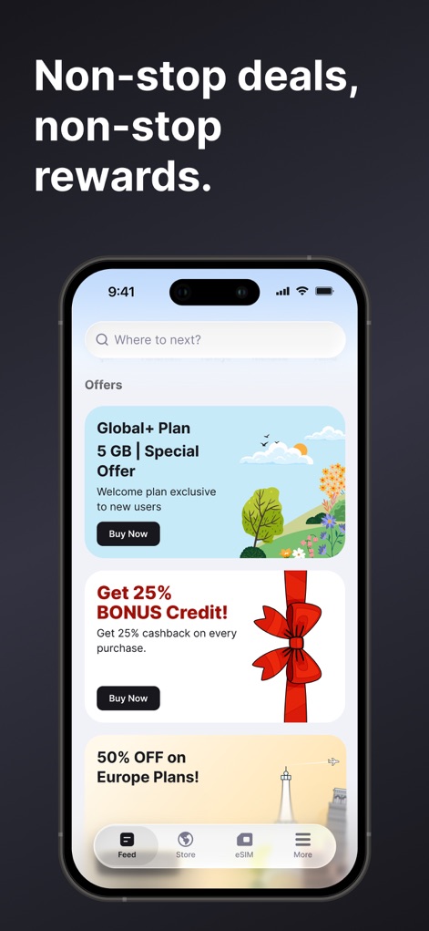 eSIM io: Global SIM Card - この画面では、「Global+ Plan」や「25%ボーナス残高」など、新規ユーザーと既存ユーザー向けの魅力的な特別オファーや割引が多数紹介されています。