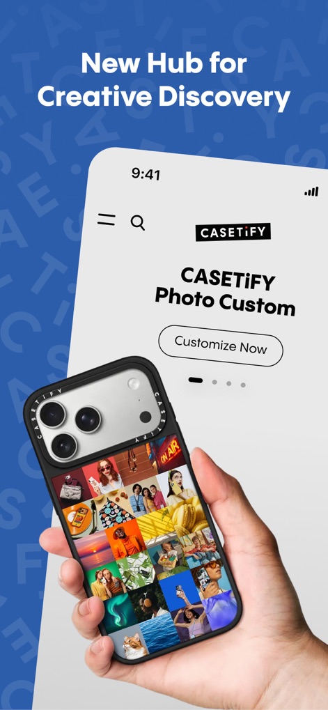 CASETiFY - L'app presenta il suo 'New Hub for Creative Discovery', dove gli utenti possono personalizzare le proprie custodie con collage di foto vivaci e un pulsante 'Customize Now' chiaramente visibile invita all'azione.