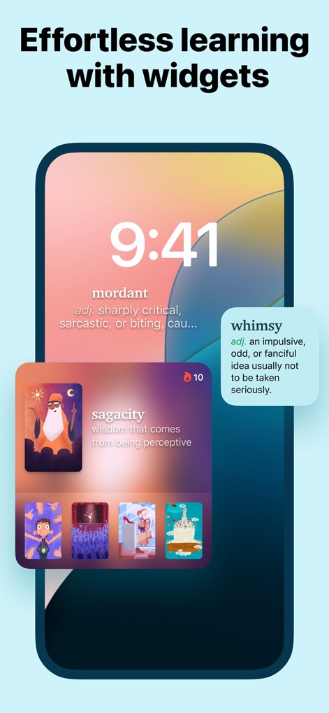 Word of the Day・Vocabulary - This screen demonstrates how the app integrates into daily life with convenient Home Screen and Lock Screen widgets, showcasing words like "mordant" and "whimsy."