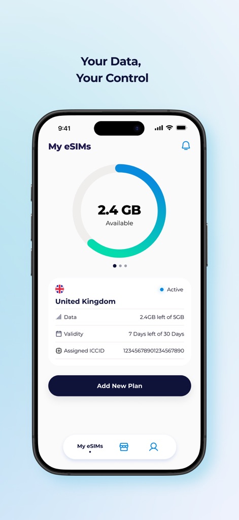 Orbit Mobile: Travel eSIM - The "My eSIMs" dashboard offers a clear circular data usage indicator and displays essential details like "Active" status and remaining data validity.
