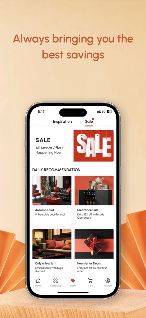 Aosom Online Shopping for Home - This tool highlights immediate savings on the dedicated "Sale" tab and presents curated offers within the "DAILY RECOMMENDATION" section.