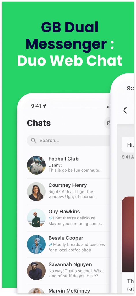 Gb Dual Messenger・Duo Web Chat - この画面では、ユーザーは複数のチャットセッションを一覧表示できるリストインターフェースと、アプリの核となる「GB Dual Messenger : Duo Web Chat」のタイトルを視覚的に確認できます。