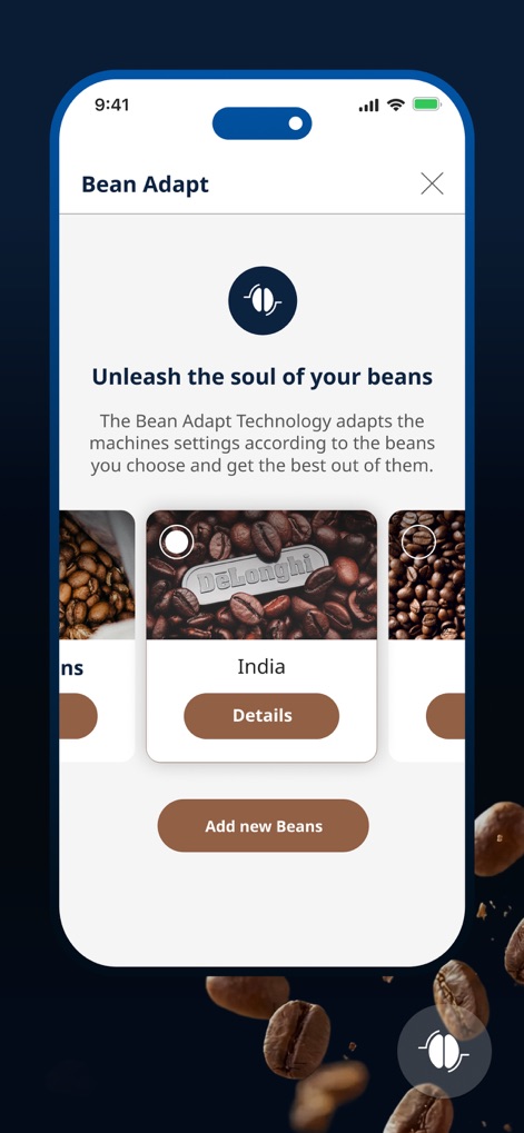 De'Longhi COFFEE LINK - Diese Ansicht zeigt die 'Bean Adapt'-Funktion, die Nutzern hilft, das volle Aroma ihrer Bohnen zu entfalten, indem sie verschiedene Bohnensorten wie 'India' auswählen und die Maschineneinstellungen entsprechend anpassen können.